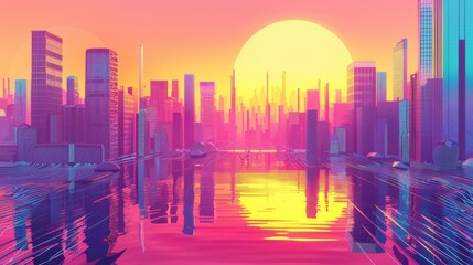 Futuristic Cityscape at Sunrise – High-Tech Sci-Fi Metropolis with Neon Lights and Modern Architecture