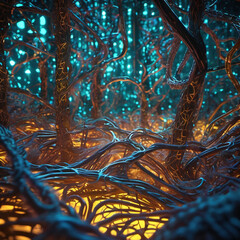 Futuristic Thermal Vision of a Bio-Mesh Forest with Shallow Depth of Field