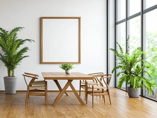 Modern Minimalist Dining Area with Plants and Large Frame