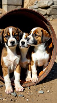 Three playful puppies peeking out from a rusty barrel outdoors  