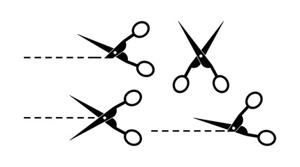 Cutting Scissors Icon Set. Vector Snip Tool Symbol, Paper Cut Pictogram, Crafting Shears, Edit Tool Graphic, Trim Action, Clip Art, Line Art Illustration