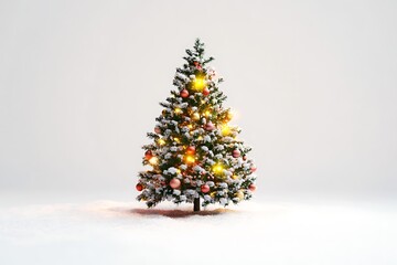 A christmas tree decorated with lights and ornaments stands in a snowy white background scene setting