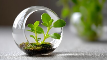Miniature plant thriving in a transparent glass orb terrarium