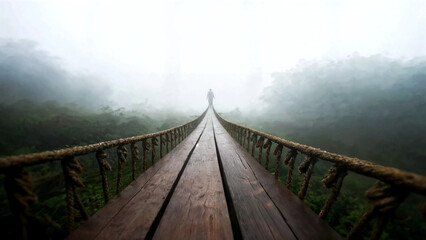 Fototapeta premium A single character is seen traversing a little rope bridge that becomes obscured in the surrounding mist. Delve into parts of society that are less understood
