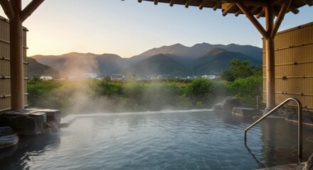 温泉露天風呂と山並みの風景