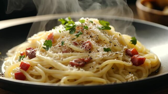 A plate of spaghetti carbonara with a sprinkle of parsley on top