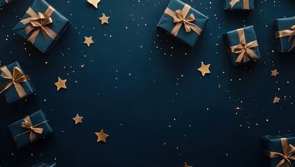 Dark navy blue background with gift boxes and gold stars
