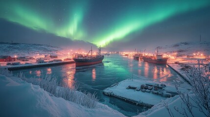 Aurora shimmering vividly above a frozen harbor surrounded by frosted ships, Generative AI