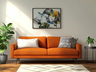 Modern Interior with Orange Sofa and Abstract Wall Art Decor