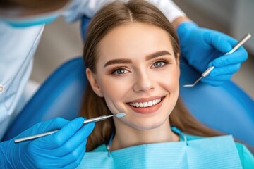 Woman smiling during dental checkup at the dentist office