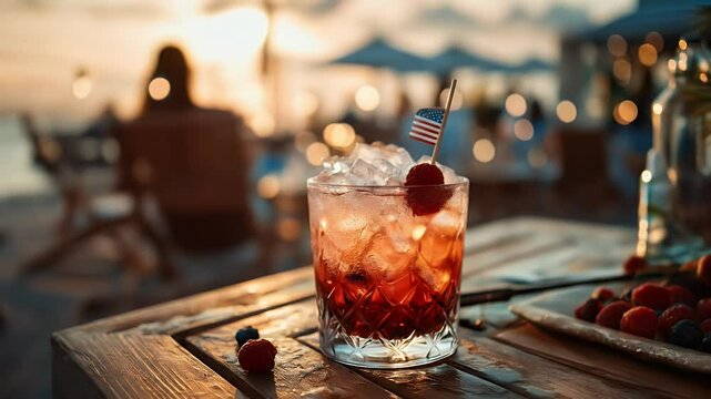 Summer cocktail drink with raspberries at sunset crystal glass