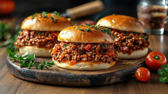 Three sloppy joe burgers on a wooden board with cherry tomatoes and herbs.