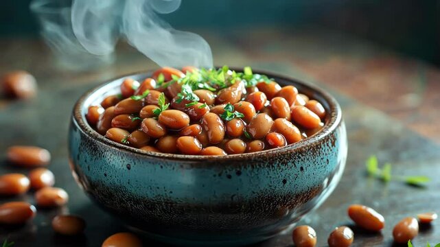 A bowl of baked beans with a brown speckled rim, filled to the brim and garnished with fresh herbs on top.