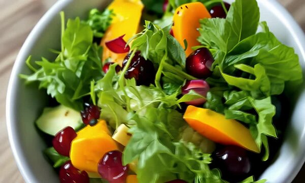 Nutritious Salad Bowl with Green Vegetables Orange Squash and Pomegranate Seeds on Wooden Table Healthy Eating for