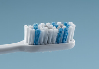 Clean Toothbrush Head with Blue and White Bristles and Water Drops - Dental Care Macro