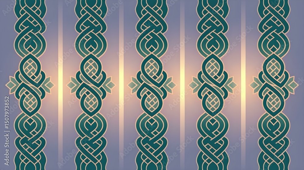 Poster intricate celtic knot pattern: seamless design with green intertwined lines on a gradient background