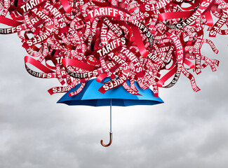 Protection From Tariffs as an An umbrella that shields against import and export tariff taxes as a trade war storm increasing prices and straining supply chains as a business metaphor.
