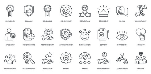Credibility icon set. Containing  reliable, believable, consistency, reputation, track record, professional, loyalty. Outline style