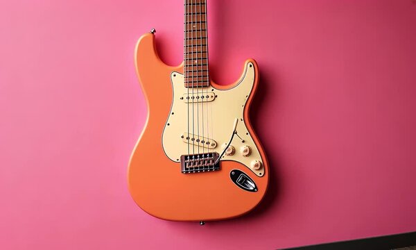 Salmon Electric Guitar with Cream Pickguard and Accents on a Pink Background in Soft Studio Lighting