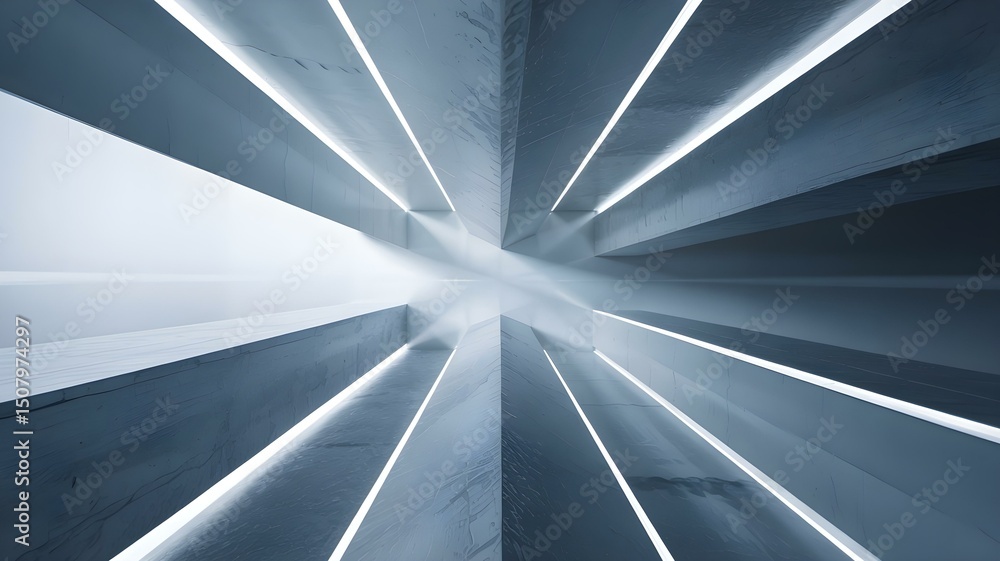 Poster abstract interior architecture with light rays: modern concrete structure with geometric shapes and 