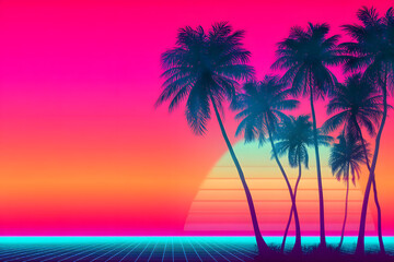 Naklejka premium Vivid retro wave gradient featuring a sunset with palm trees, evoking a nostalgic beach vibe.