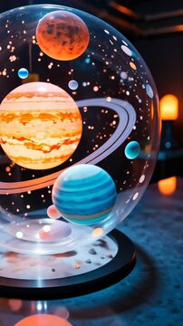 3D model of planets in glass globe on a reflective surface  