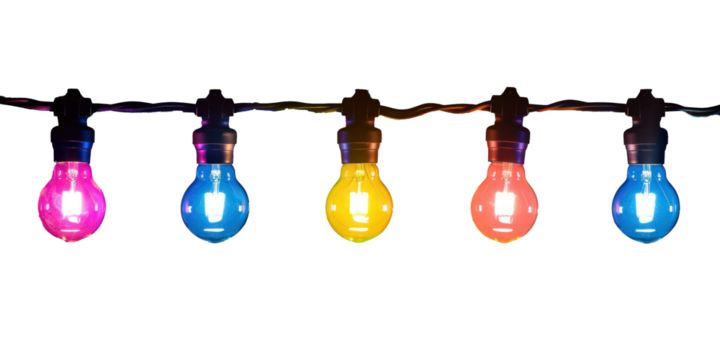 light bulbs on string in multi colours on transparency background