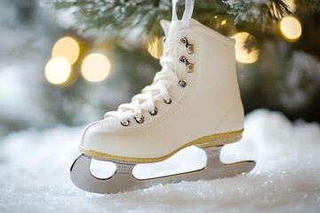 A single white ice skate ornament hanging from a christmas tree with blurred lights behind it