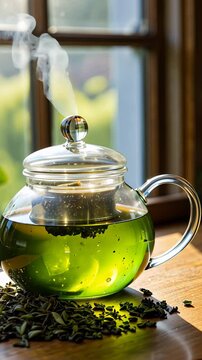 Freshly brewed green tea in glass teapot with steam on wooden table  