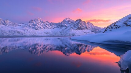 Aurora glowing softly above a snow-draped mountain range reflected in icy waters, Generative AI