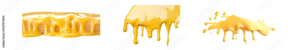 Poster set of dripping and splattered golden liquid on various surfaces. isolated on transparent background