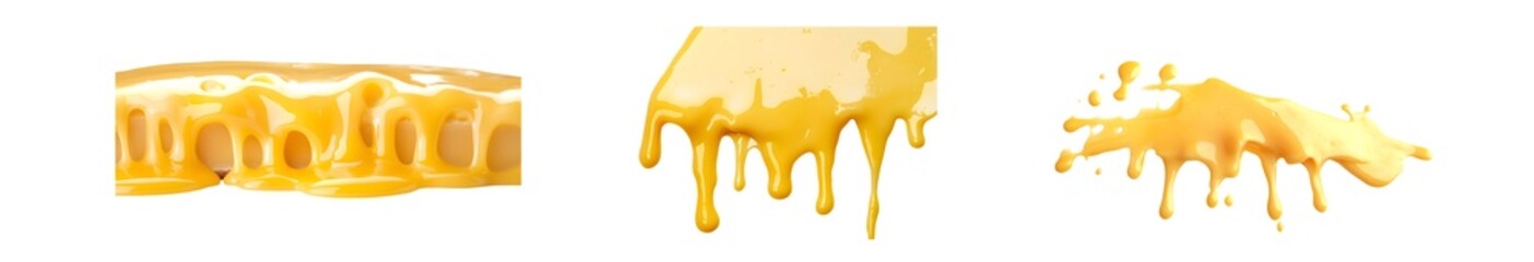 set of Dripping and splattered golden liquid on various surfaces. isolated on transparent background