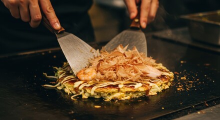 鉄板で調理するお好み焼きと料理人の手元