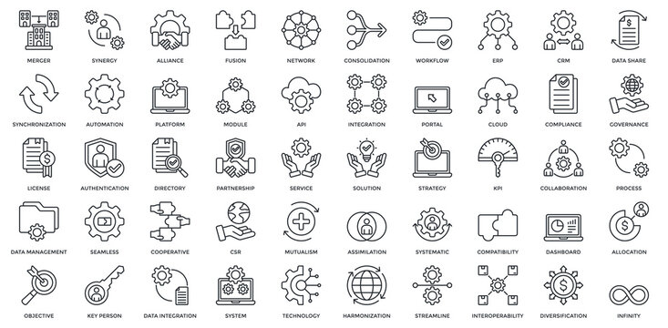 Business Integration icon set. Containing merger, synergy, alliance, network, workflow, ERP, CRM. Outline style
