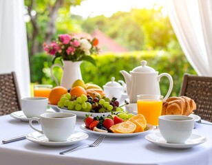 Sunny outdoor breakfast scene with fruit, pastries, coffee, and juice