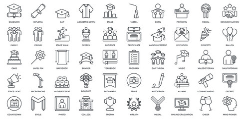 Graduation Day icon set. Containing graduate, diploma, cap, academic gown, stage, tassel, dean, principal, medal, congratulation. Outline style
