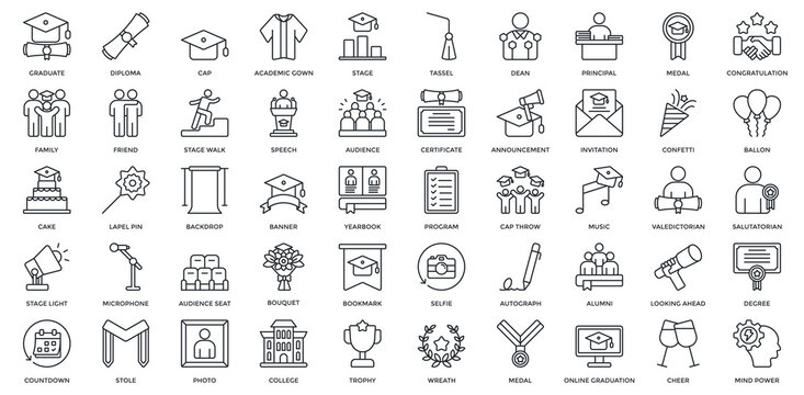 Graduation Day icon set. Containing graduate, diploma, cap, academic gown, stage, tassel, dean, principal, medal, congratulation. Outline style