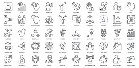 Personal Goal icon set. Containing personal, goal, develop, increase, achieve, new interest, commitment, realistic. Outline style