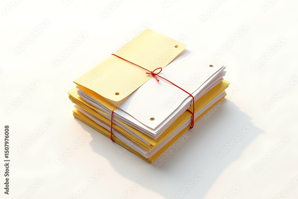 Poster stack of yellow and white papers tied with red string isolated on white background