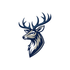 A minimalist deer iconic logo design Black and white illustration, deer head silhouette, majestic antlers, minimalist design, elegant profile, stylized wildlife art, sharp contrast, vector graphic,  © RazuArts
