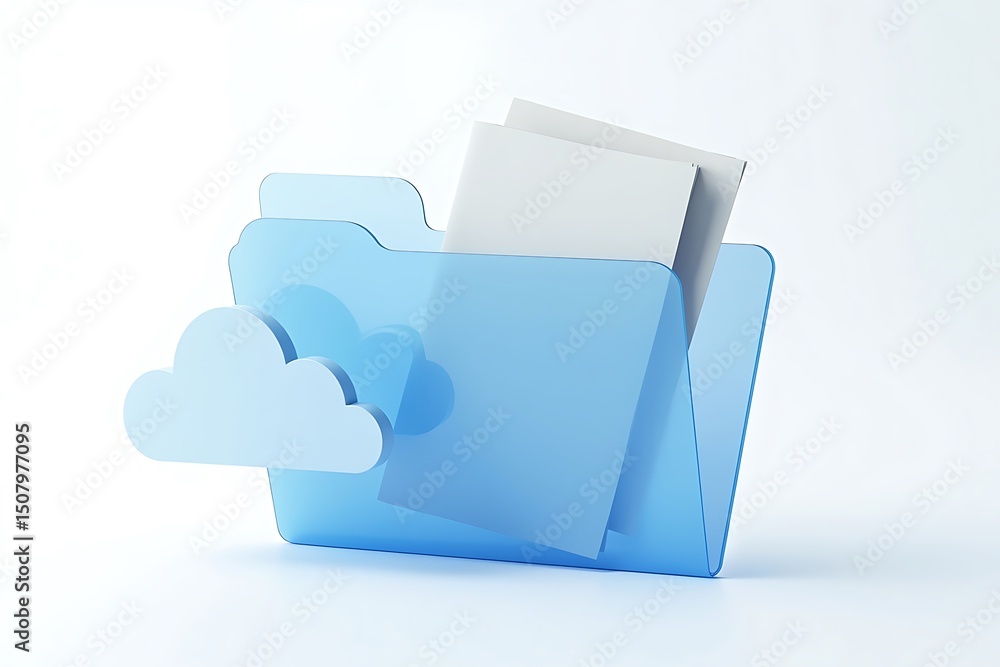 Poster blue cloud folder with documents isolated on white background for data storage