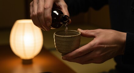 日本酒を注ぐ男性の手元、和風の居酒屋のシーン