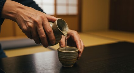 お酒を注ぐ手元、日本酒を飲む、和のイメージ