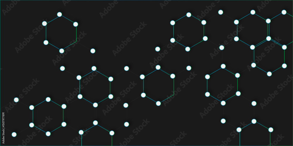 Poster dark background featuring a repeating pattern of light blue hexagons and dots in a structured.