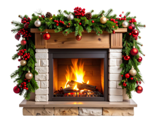 3D Rendered Rustic Fireplace with Festive Pine Garland and Ornaments, Isolated on White