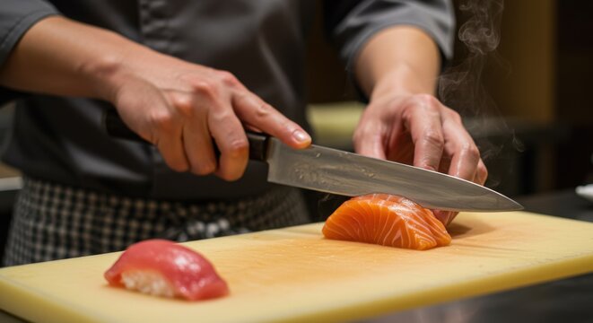 寿司職人がサーモンを切り身にする、料理の準備風景