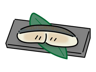 和食の笹の葉と焼き魚の手描きイラスト