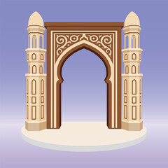 3d illustration stand booth gate entrance ramadan islam decoration with ornament and minaret for photobooth spot event. Vector editable sketch outline drawing coloring isolated.