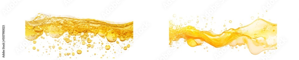 Poster set of golden liquid flowing and splashing. isolated on transparent background