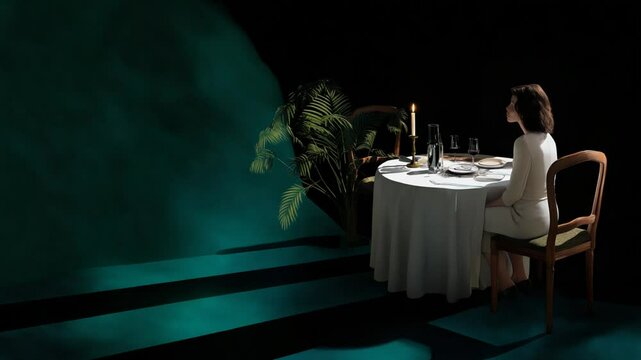 Lonely dinner table set for two with one occupied seat